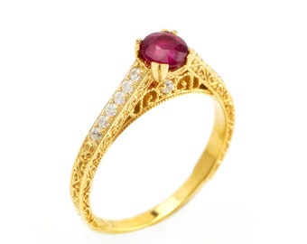 14k 18k gold and Diamonds Unique Engagement Ring for Women, Vintage Filigree Ring, Ruby July Birthstone Bridal Ring, Promise Ring for Her.