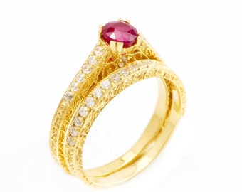 Ruby Solitaire and Diamonds Engagement Ring, Unique Wedding Rings Set, Bridal Rings Set, Vintage Wedding Set, 14k/18k Gold Engagement Ring