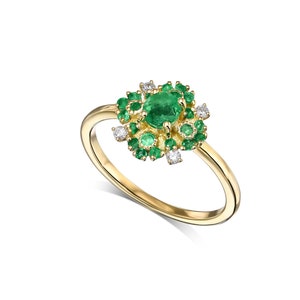 Emeralds & Diamonds Engagement Ring, Vintage Flower Engagement Ring, 14k Solid Gold Engagement Ring, Unique Emeralds Ring, Art Deco Ring