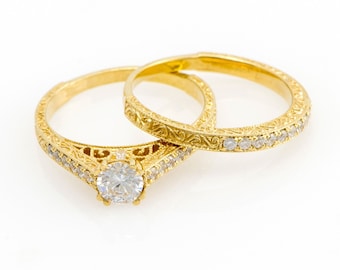 Unique Vintage Wedding Rings Set, Bridal Rings Set, Stackable Rings Set, Promise Ring, Filigree Engagement Ring Set, 14k/18k Engagement Ring
