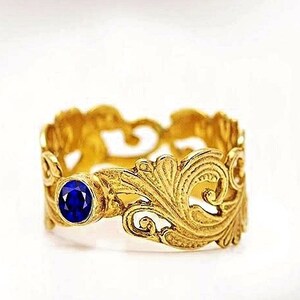 Sapphire Engagement Ring for Women, Unique Engagement Ring, Art-Nouveau Vintage style Ring, Bridal September Birthstone Engagement Ring.