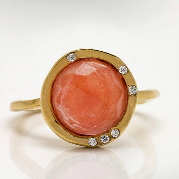 Gemstone Cocktail Ring, 22K Gold Plated Sterling Silver Ring with a Carnelian / Garnet / Aquamarine / Moonstone / Labrdorite Natural Stone