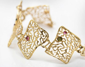9K Gold Lace Bracelet for Women, Tourmaline Birthstones Bracelet,