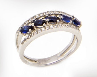 Diamonds and Sapphire Wedding Ring, 14k White Gold Unique Bridal Ring,