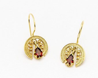 9K,14K Solid Gold Earrings, Dangle earrings with Red Garnet gemstones, Vintage Style Earrings for Women, January Birthstones Earrings Gift.