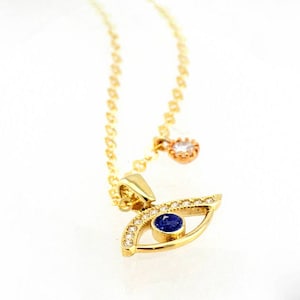 14k gold Evil-Eye Necklace, Sapphire and Diamonds Pendant Necklace, Unisex Jewish Jewelry Gift,