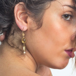 Citrine Drop Earrings Gold Leaf Dangle Gold filled Earrings Gemstone Birthstone Earrings Long Charm Drop Dainty Dangling Earrings for Her