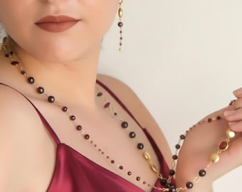 Handmade January Birthstones Jewelry Set: Garnet Necklace and Earrings.