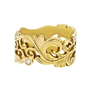 Gold and Diamonds Jewellery, 18k Gold broad band filigree ring with stone, Art-Nouveau Design, Vintage Wedding Bands, Women Engagement Ring