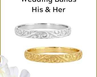 Fedi nuziali unisex fatte a mano per sposo e sposa, in oro massiccio in stile vintage con incisione.