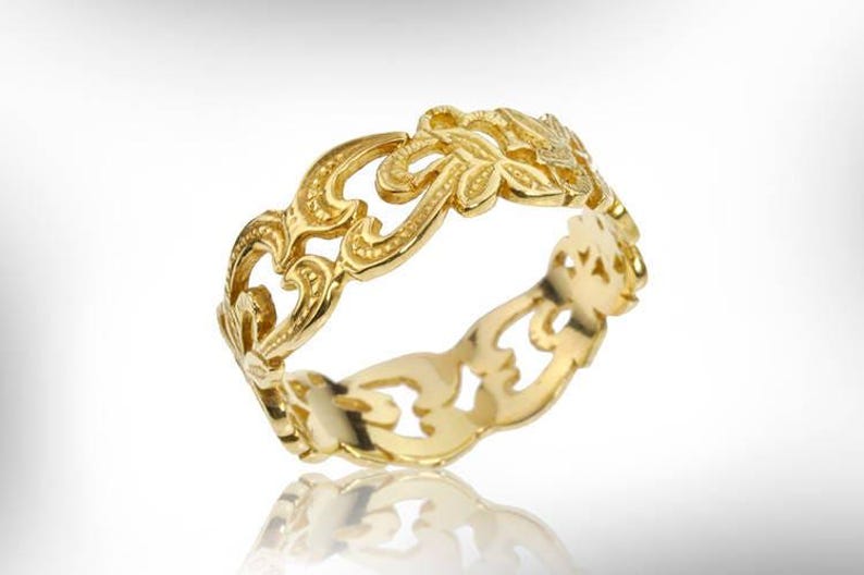 14k White Gold Mens Wedding Band, Vintage Floral Ring image 5