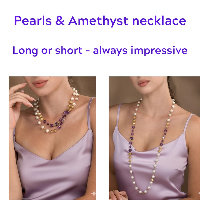 Women Jewelry Set: Pearl & Amethyst Gemstones Necklace and Dangle Earrings. image 3