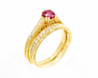 Ruby Solitaire Diamond 14k Gold Filigree Wedding Ring Set