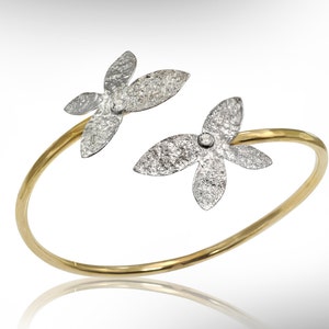 Gold Cuff Bracelet for Women, Flower Cuff Bracelet, April Birthstones Jewelry Gift, Anniversary Bracelet for Women, Birthsday Gift for Wife.
