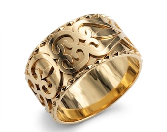 Handgemachter breiter Ehering aus 9k / 14k solidem Gold.