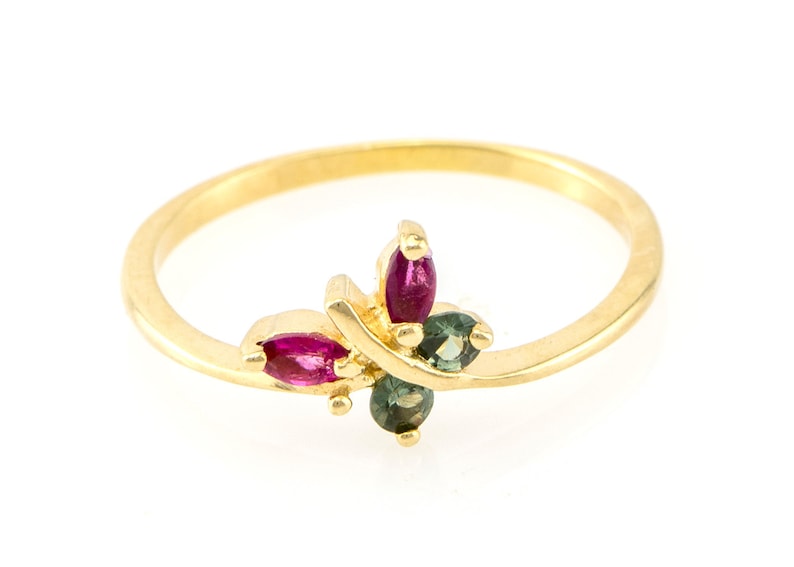 Anniversary Ring October Birthstones Ring Gift for Her Birthday Gift. Pink and Green Tourmaline Gemstones 9k Solid Gold butterfly Ring