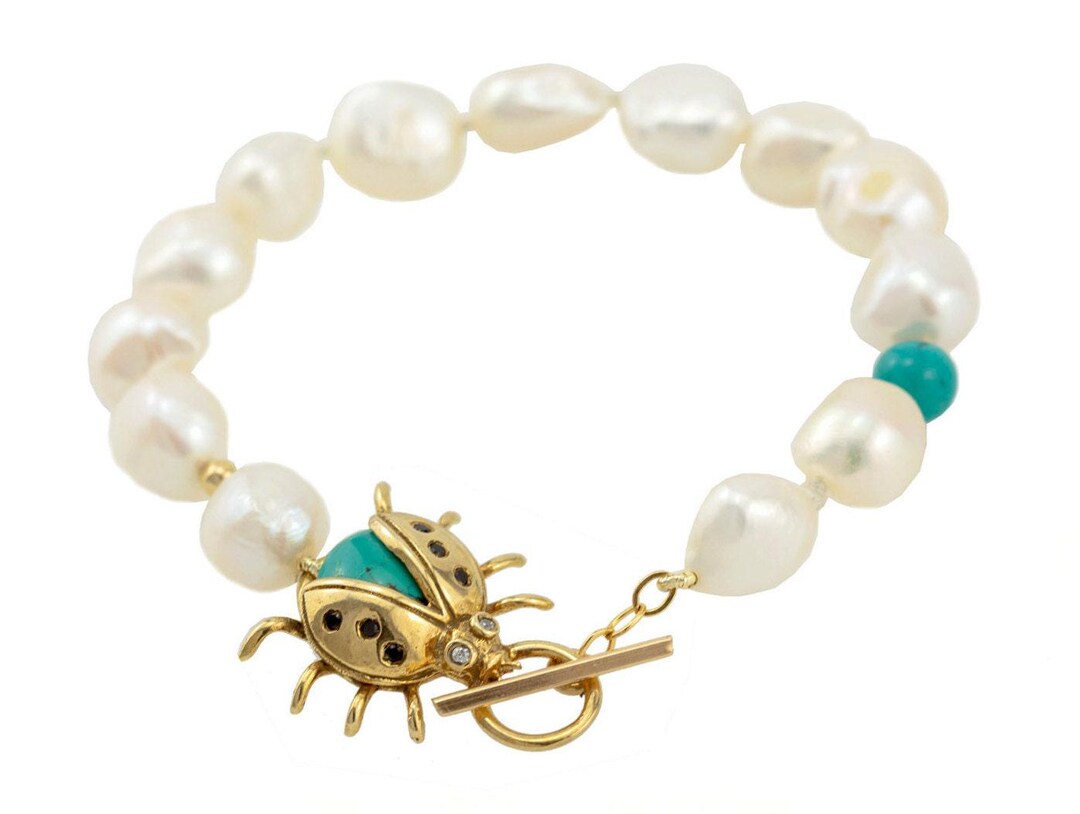 Pearl Bracelet, Turquoise Ladybug Charm, June Birthstone - Etsy