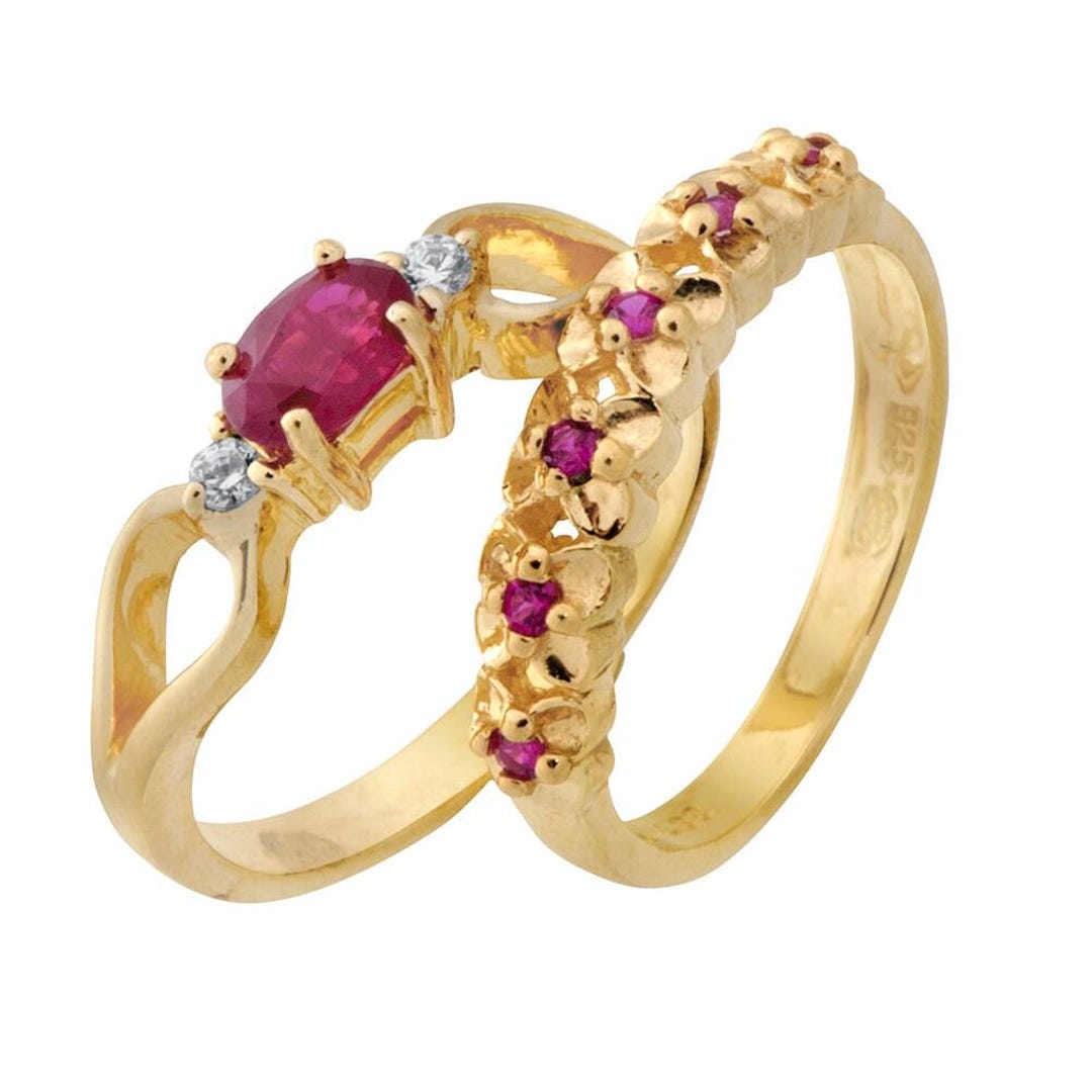 Art Deco Ruby Diamond Gold Wedding Ring Set, Handmade Bridal Rings - Etsy
