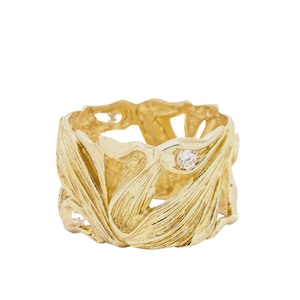 Gold Wedding Band, Wide Ring For Women, Unique leaves Ring, Art Nouveau Vintage Style Bridal Ring, April Birthday Gemstones Ring for Her.