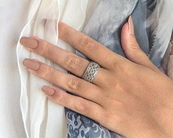 Wide Filigree Sterling Silver Wedding Band, Handmade Anniversary Ring