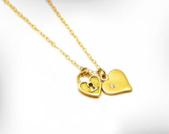 Diamond Heart Necklace: 14k Gold Plated Silver Valentine's Gift.