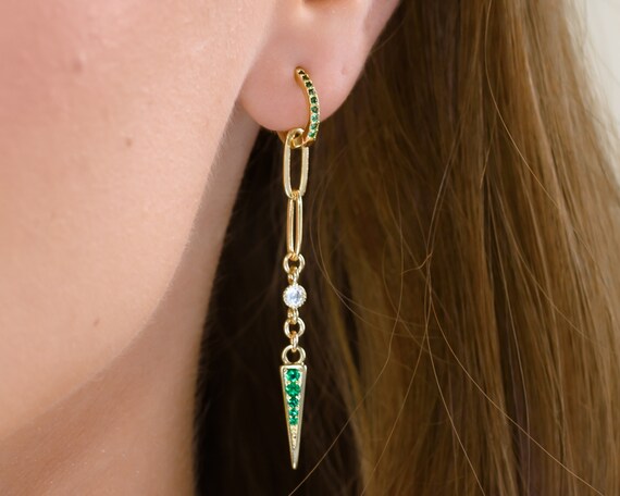 Gold-Filled Dangle Long Earrings: Green Emeralds Boho Chic Women Jewelry.
