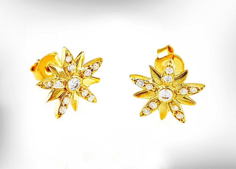 Women Blue-Topaz Birthstones Earrings, 14k Gold Star Studs