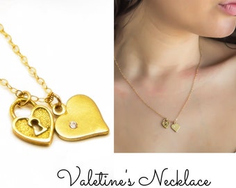 Valentine's Necklace, Valentine's Gift Women, Lock and Heart Pendant Necklace, 14k Solid Gold and Diamond Heart Pendant, Love Gift for Her.