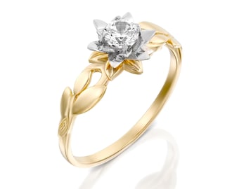 Gold Flower Diamond Engagement Ring, Nature Inspired Leaf Wedding Ring
