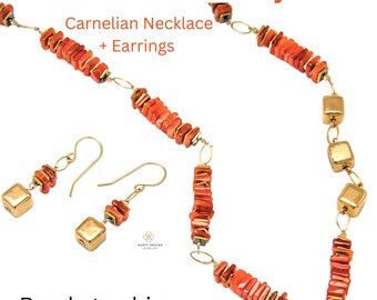 Carnelian Necklace and Earrings Set: Gold Filled Halloween Jewelry Gift.