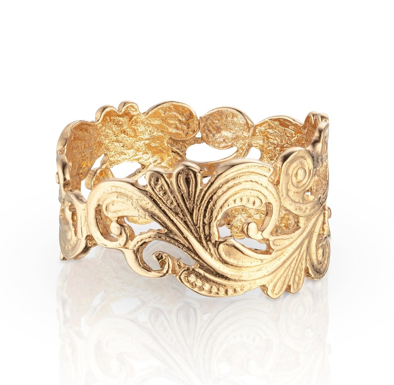 Women Art Nouveau Ring, Unique Ring for women, Vintage Gold Band, Antic Style Ring. 22k gold plated