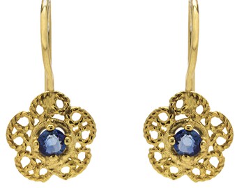 Jugendstil filigrane Goldohrringe, blauer Saphir, viktorianische Spitze