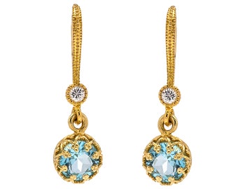 9k Gold Tiny Dangle Earrings, Blue Topaz December Birthstone Earrings for Her.