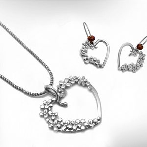 Valentine Jewelry Set Women,  Sterling Silver Heart Pendant Necklace, Flowers Necklace and Earrings,