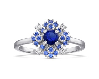 Unique Engagement Ring for Women, 14K White Gold, Sapphire and Diamonds Flower Ring, Art Deco Vintage style Bridal Ring,