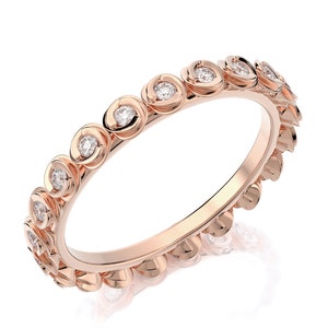 Floral Wedding Ring. 18k Rose Gold Wedding Band, Vintage style Eternity Diamond Wedding Ring.