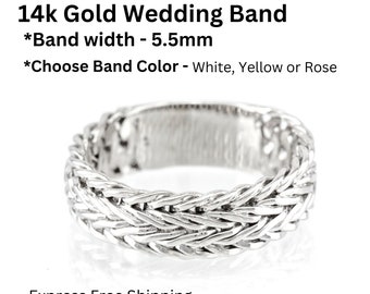 Mens Wide Wedding Band, 14k White, Yellow, Rose Gold Unique Handmade Braided Wedding Ring for Him.