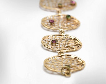 Lace Bracelet, Gold Bracelet for Women, Elegant Bracelet, Filigree Wedding Bracelet, Unique Gemstones bracelet, Tourmaline Bracelet for Her.