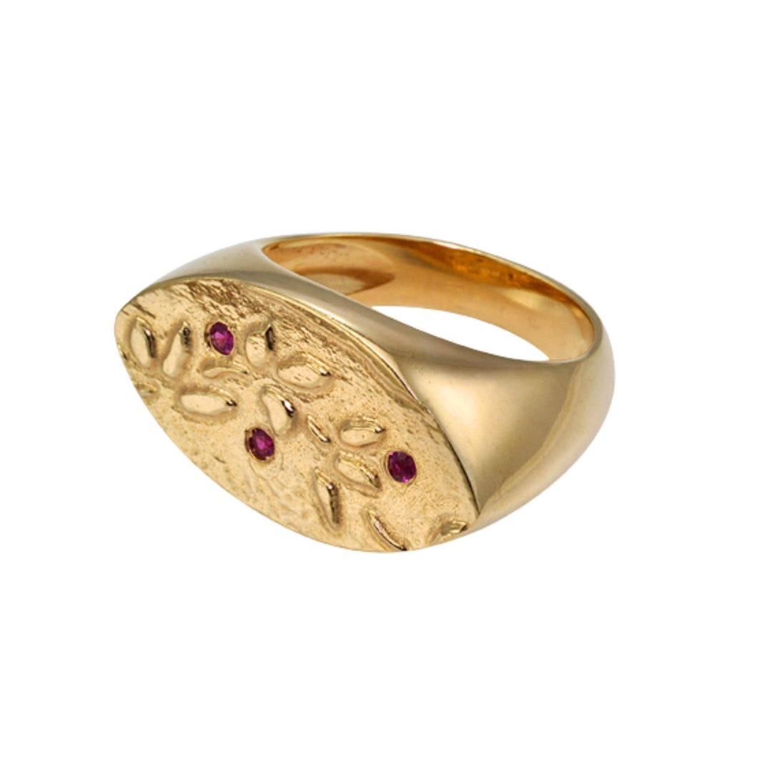 Ruby Inlaid Wring Gold Signet Ring, Ruby Inlaid Floral Design, Handmade Sterling Silver ...