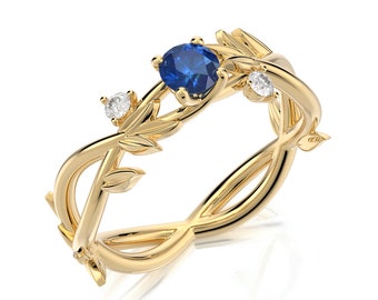 Sapphire & Diamonds Engagement Ring, Leaves Engagement Ring, Nature Inspired Wedding Ring, 14K / 18K Gold Ring, Art Deco Bridal Ring.