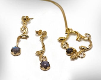Vintage style Jewelry set for Her, Gold and Labradorite Gemstones Set,