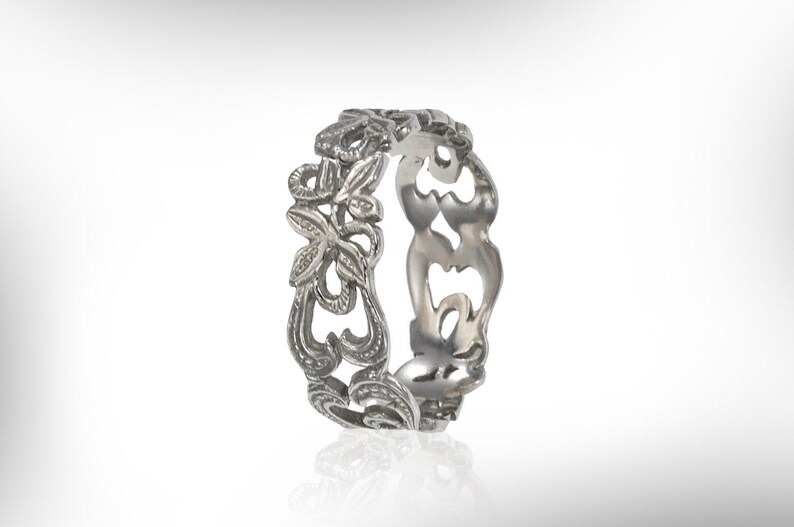 14k White Gold Mens Wedding Band, Vintage Floral Ring image 2