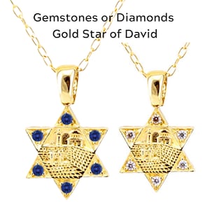 Jerusalem Star of David Pendant: 9k/14k Yellow , White solid Gold Jewish Necklace.