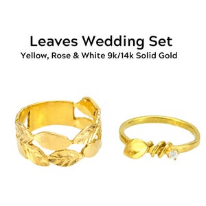 Wedding Rings Set for Women, Bridal Leaves Rings Set, 9k / 14k Gold and diamonds Engagement Ring and Wedding Band Set, Stacking rings Set.