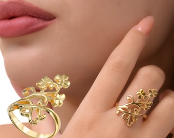 Art nouveau Flowers Gold Ring, Women's Unique Vintage style Anniversary Ring Gift, Elegant ring for Her.