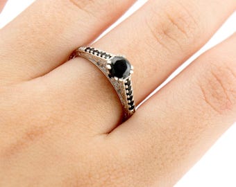 Vintage Art Deco Black Diamond Engagement Ring, 18k White Gold Solitaire
