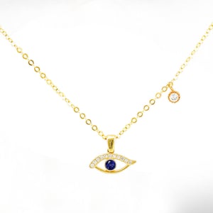 14k gold Evil-Eye Necklace, Sapphire and Diamonds Pendant Necklace, Unisex Jewish Jewelry Gift, Good Luck Necklace, Graduation Gift.