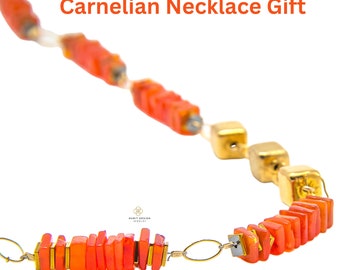 Carnelian Beaded Necklace for Women, Orange Gemstones Necklace, Real Carnelian Necklace with 14k Goldfilled Cubes, Eye Catching Jewelry.