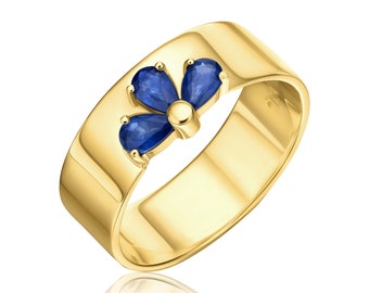 Unique Wedding Band, 14k Solid Gold with Sapphire Gemstones Wedding Band for Women, One of A Kind Bridal Ring, Sapphire Flower Ring for Her.