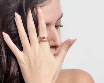 Ruby Engagement Ring Set, 14K Gold Bridal Rings, Stacking Diamond Wedding Band